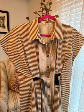 Vertical Striped Button-Front Shirt Dress with Black Waist Tie